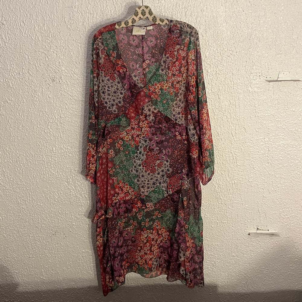 Maeve by Anthropologie Sirena Ruffled Tunic Dress Patchwork Floral Midi.